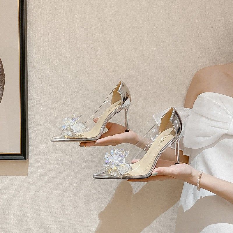 Giày cao gót nhọn trong suốt đính pha lê đá rhinestone nơ cho cô dâu L5PA
