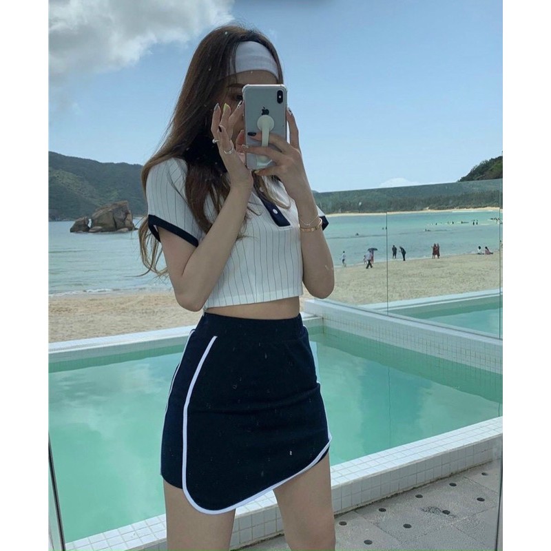 💙[ Mẫu mới] Set crop polo sọc viền cổ xanh + chân váy thể thao💥 SET VÁY 3 MÓN TRẺ TRUNG NĂNG ĐỘNG (Ms: KT01)