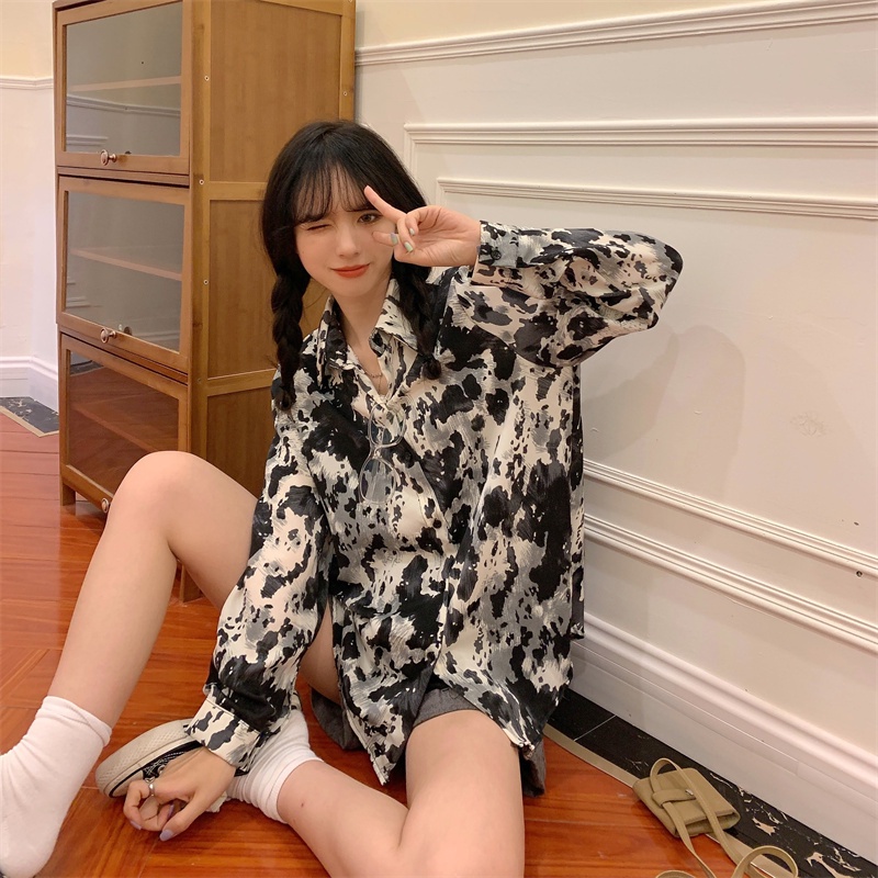 【ZHELIHANGFEI】Áo Sơ Mi Tay Dài Form Rộng Họa Tiết In Theo Phong Cách Retro Dễ Phối Đồ