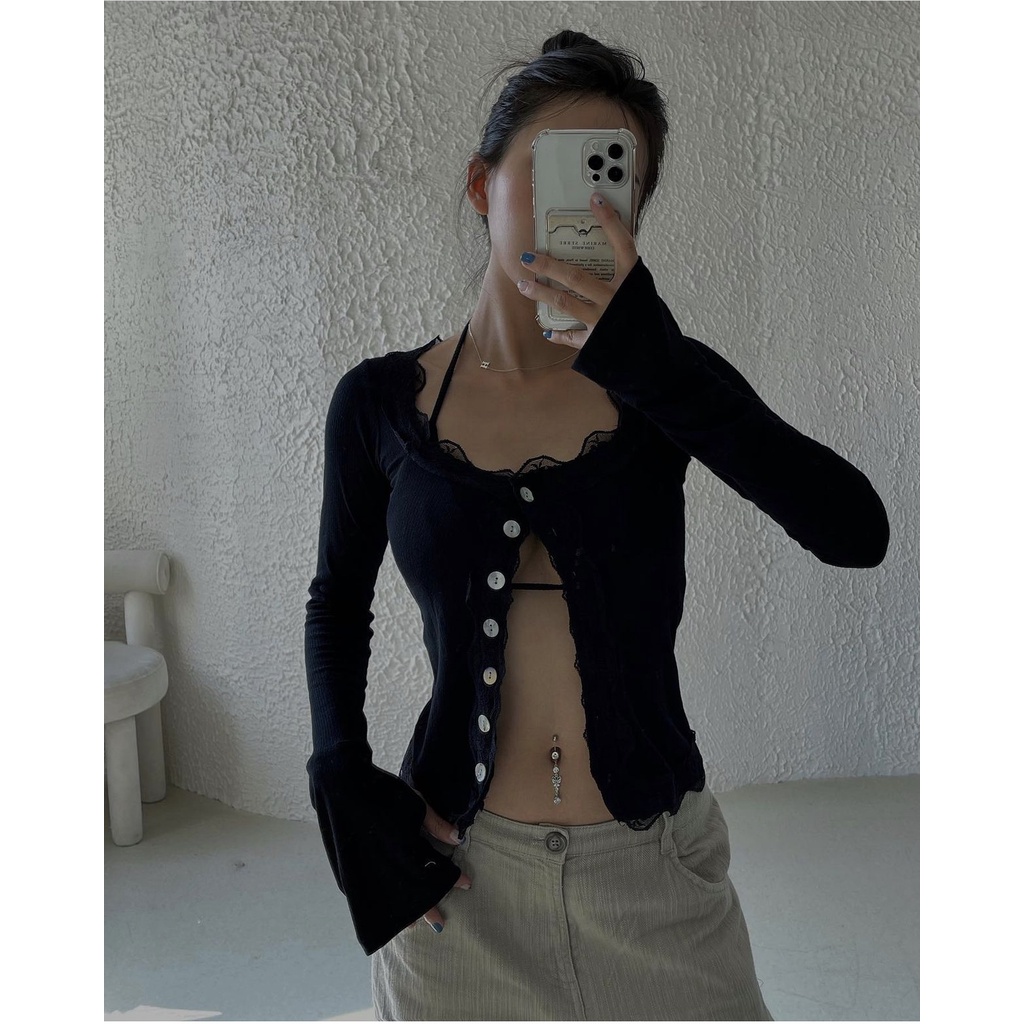 Áo Croptop Tay dài và cột dây  Ren Chân Váy Ngắn Đen Cột Eo Áo Ngực Bra Tôn Dáng Ôm Body  Đi Chơi Đi Du Lịch Đi Biển