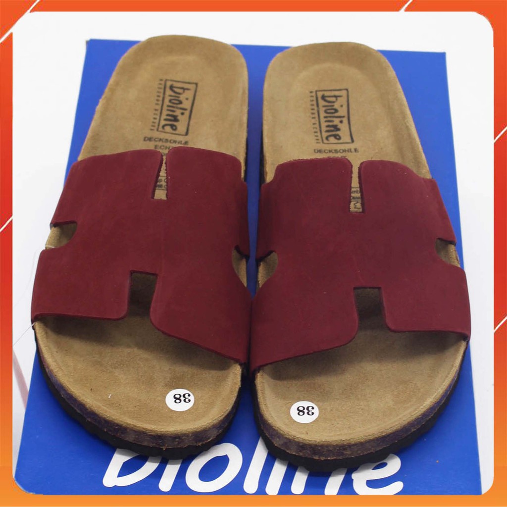 [DA BÒ THẬT] D04-Dép da chữ H Birken Bioline Unisex (Đế trấu) - Juni Store