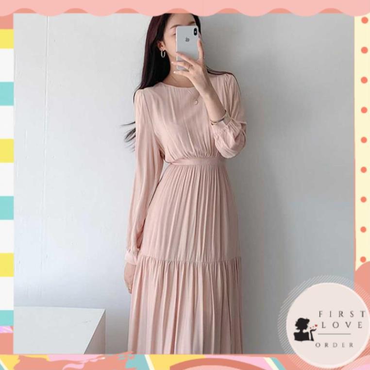 (firstlove ORDER) Váy voan dài tay thun eo xòe dài xếp ly đơn giản sang trọng thanh lịch kiểu Pháp 01