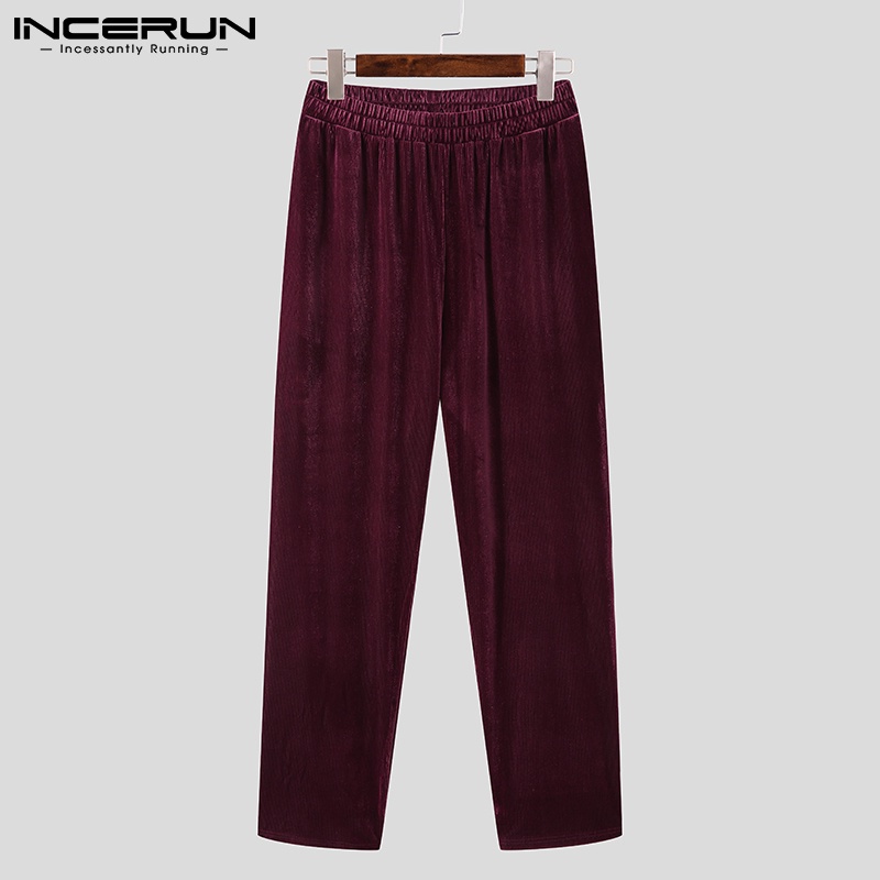 Quần dài INCERUN vải corduroy màu trơn dáng rộng thắt lưng co giãn phối xếp ly phong cách retro cho nam