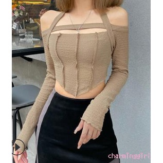 Áo thun tay dài màu trơn cổ thuyền hở rốn thời trang cho nữ