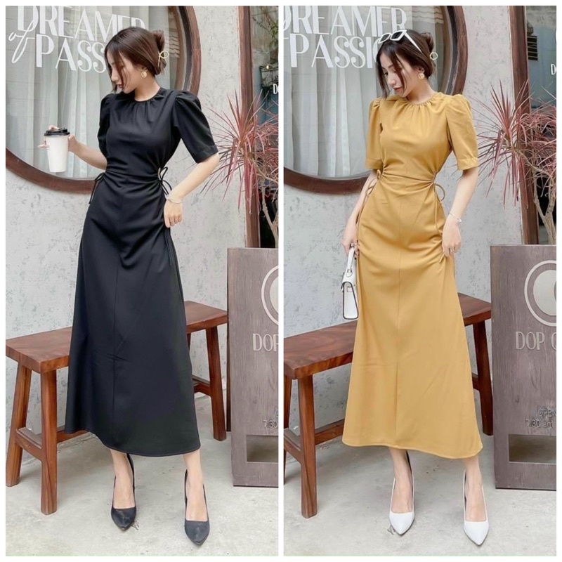 Đầm váy midi cổ tròn khoéc eo 3 màu