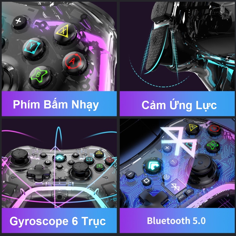Tay Cầm Chơi Game Trong Suốt Đèn LED RGB, Wireless Controller Cho PC / Laptop / PS3 / PS4 / Android / IOS / Dual Rung