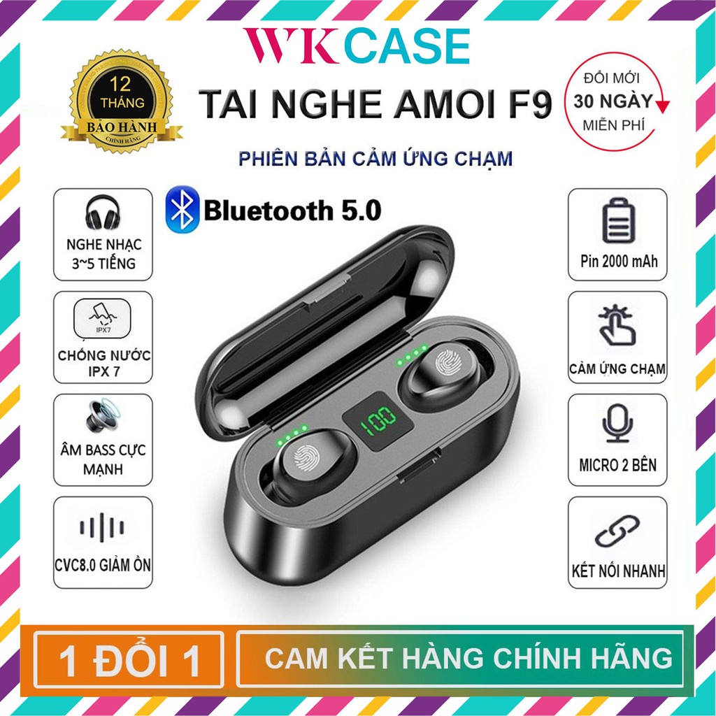 Tai Nghe Bluetooth Amoi F9 TWS 5.0 bản QUỐC TẾ, cảm ứng, chống nước IPX5, chống ồn, tích hợp sạc dự phòng.