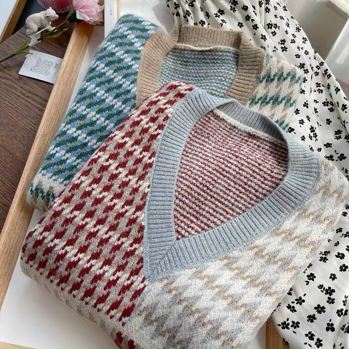 Áo gile len kẻ ô vuông style Hàn_Xưởng May Quang Anh