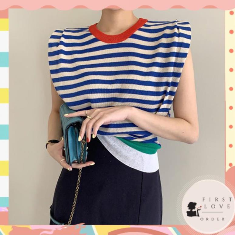 (firstlove ORDER) Áo thun tay cánh tiên kẻ sọc ngang phối 2 màu style Hàn Quốc sang trọng công sở thanh lịch 01