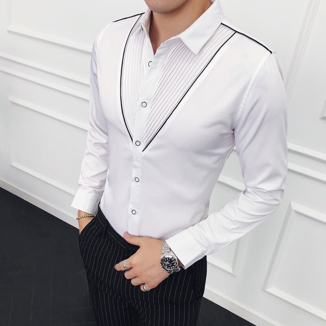 Sơ mi nam body ngực chữ V síp ly