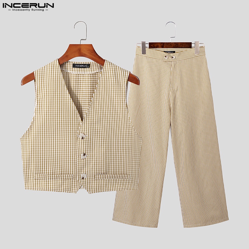 Set áo ghi lê và quần dài INCERUN họa tiết caro thời trang cho nam