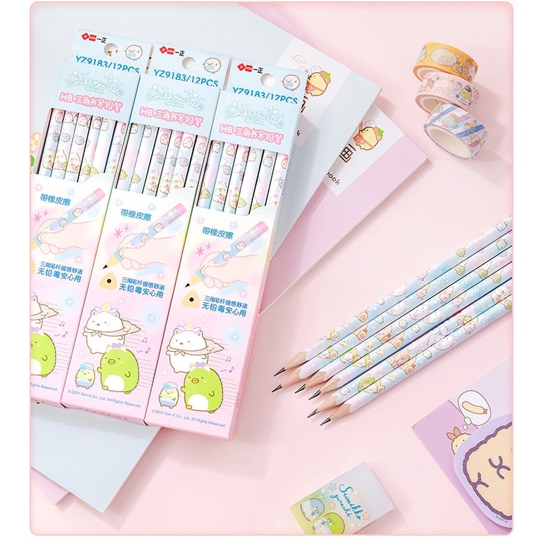 Bút Chì Tam Giác In Hình Dễ Thương- Hộp 12 Bút- Bút Chì Kèm Gôm Tẩy Cho Học Sinh, Sinh Viên