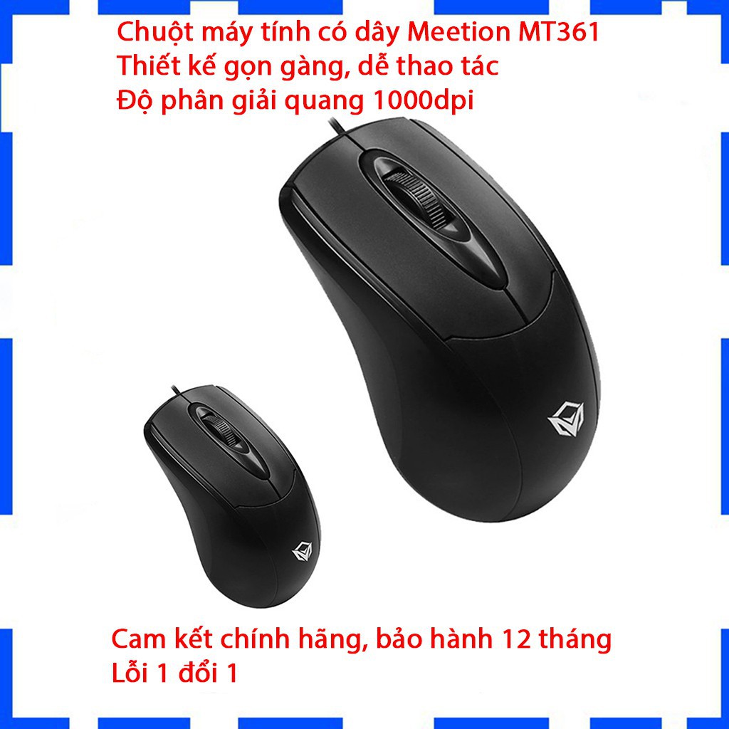Chuột có dây Meetion MT361 - Màu đen - Độ bền cực cao - Thiết kế gọn gàng, dễ dàng thao tác - Bảo hành 12 thán