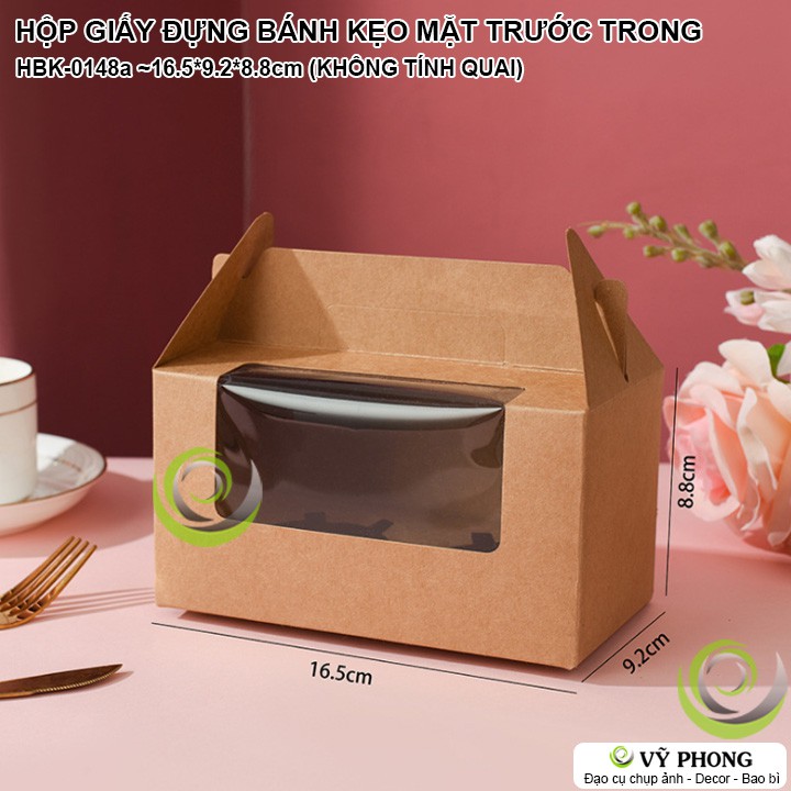 HỘP GIẤY CRAFT ĐỰNG BÁNH KẸO MẶT TRƯỚC TRONG SUỐT GIẤY KRAFT / TRẮNG ĐỰNG BÁNH KEM BÁNH CUỘN CÓ QUAI XÁCH HBK-0148