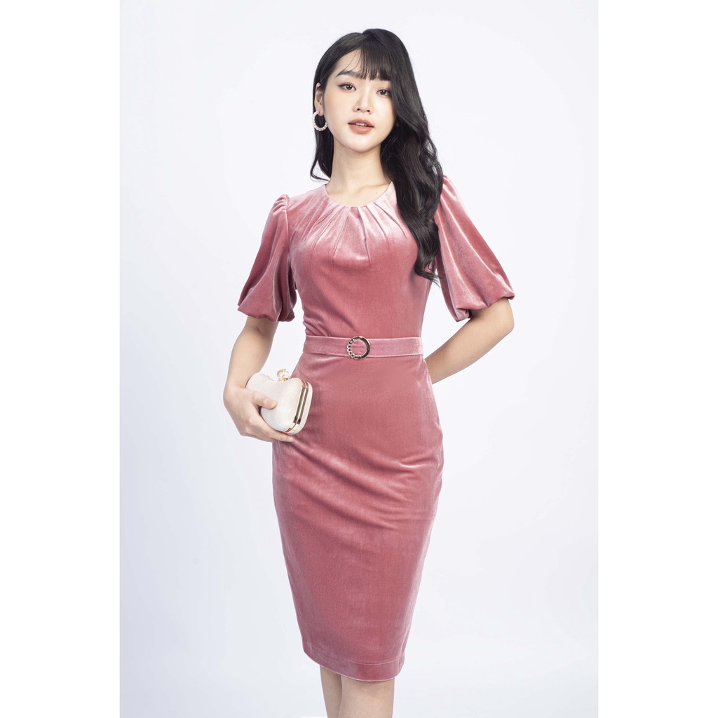 Đầm ôm cổ tròn, tay bồng, eo kẹp đai MMOutfit M-DA070721298