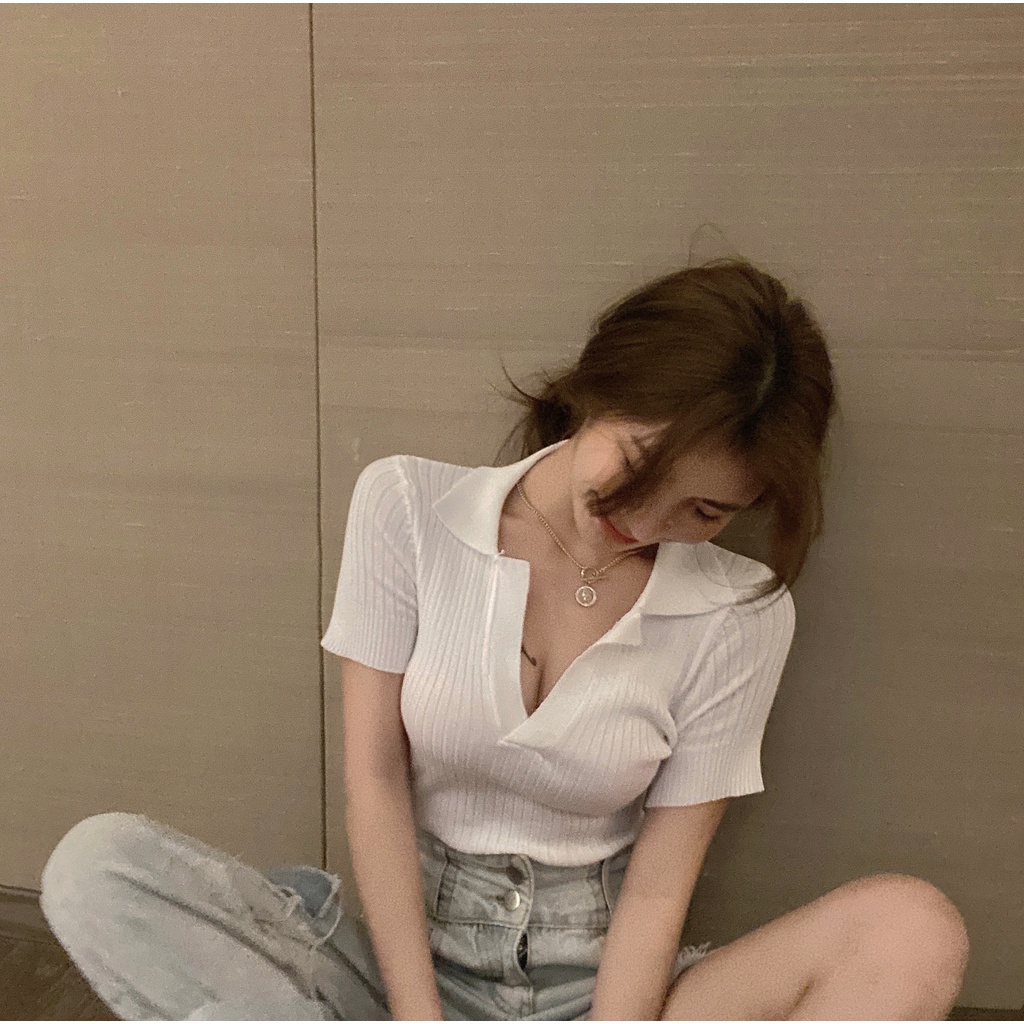 Áo kiểu ZHELIHANGFEI dệt kim tay ngắn cổ bẻ chữ V xẻ sâu quyến rũ thời trang cho nữ