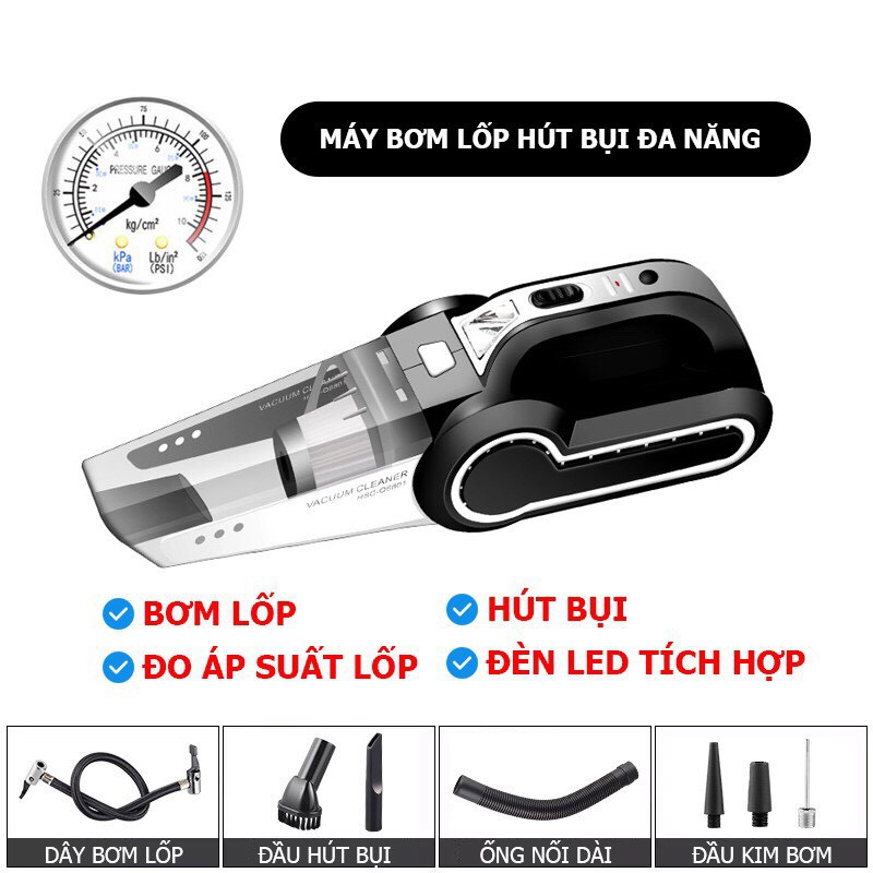 Máy Hút Bụi Ô Tô, Bơm Lốp Ô Tô, Đo Áp Suất Lốp Đa Năng 4 Chức Năng Tích Hợp, Bảo Hành 12 Tháng