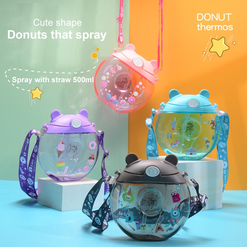 Bình Nước Hình Bánh Donut Thanh Toán Khi Nhận Hàng 500Ml Cốc Nước Cho Trẻ Em Cốc Có Ống Hút Hoạt Hình Cốc Nước Bằng Nhựa Có Miệng Có Dây Đai.
