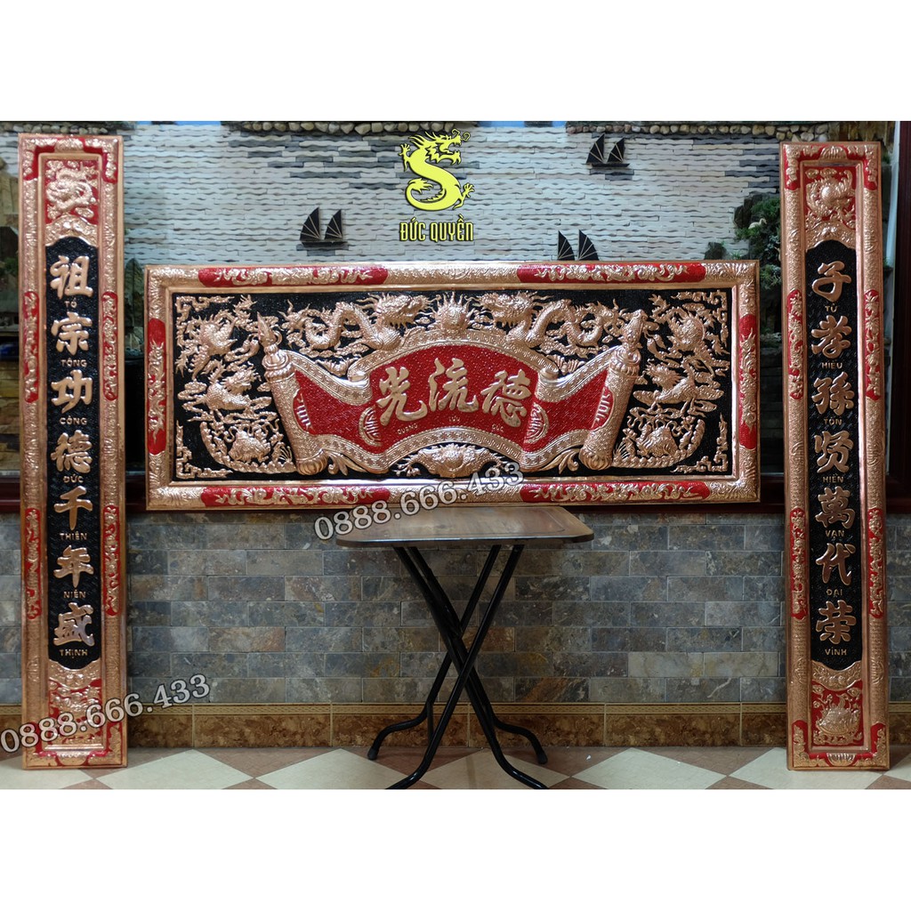 Bộ Hoành Phi Câu Đối Đồng Đỏ Nền Đỏ Đen - Đức Lưu Quang