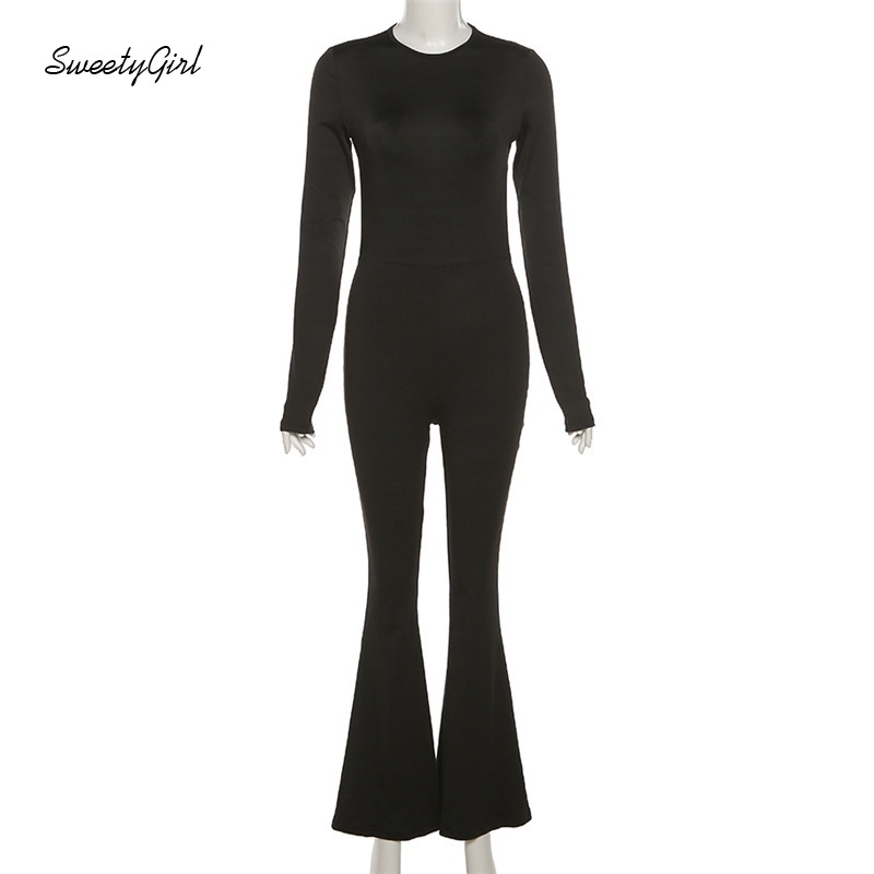 Áo liền quần tay dài cổ tròn hở lưng màu trơn kiểu dáng thời trang gợi cảm cho nữ