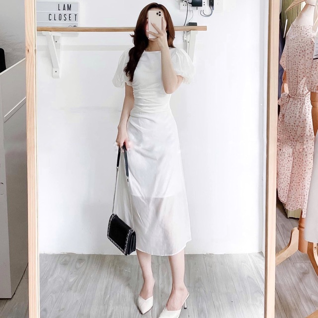 Đầm tay bồng nhún hông eo 🌷 Đầm suông trắng | BigBuy360 - bigbuy360.vn