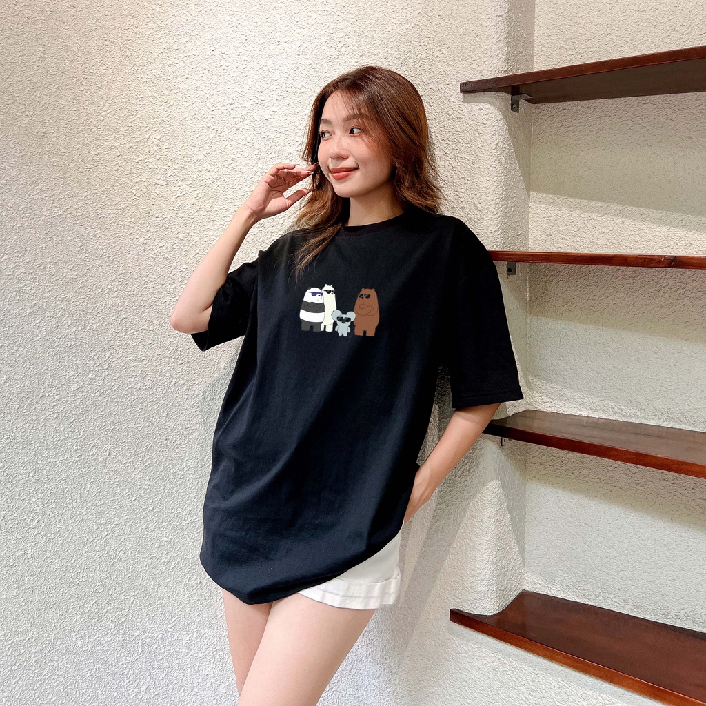 Áo thun unisex hoạt hình WE BARE BEARS vải cotton oversize tay lỡ form rộng
