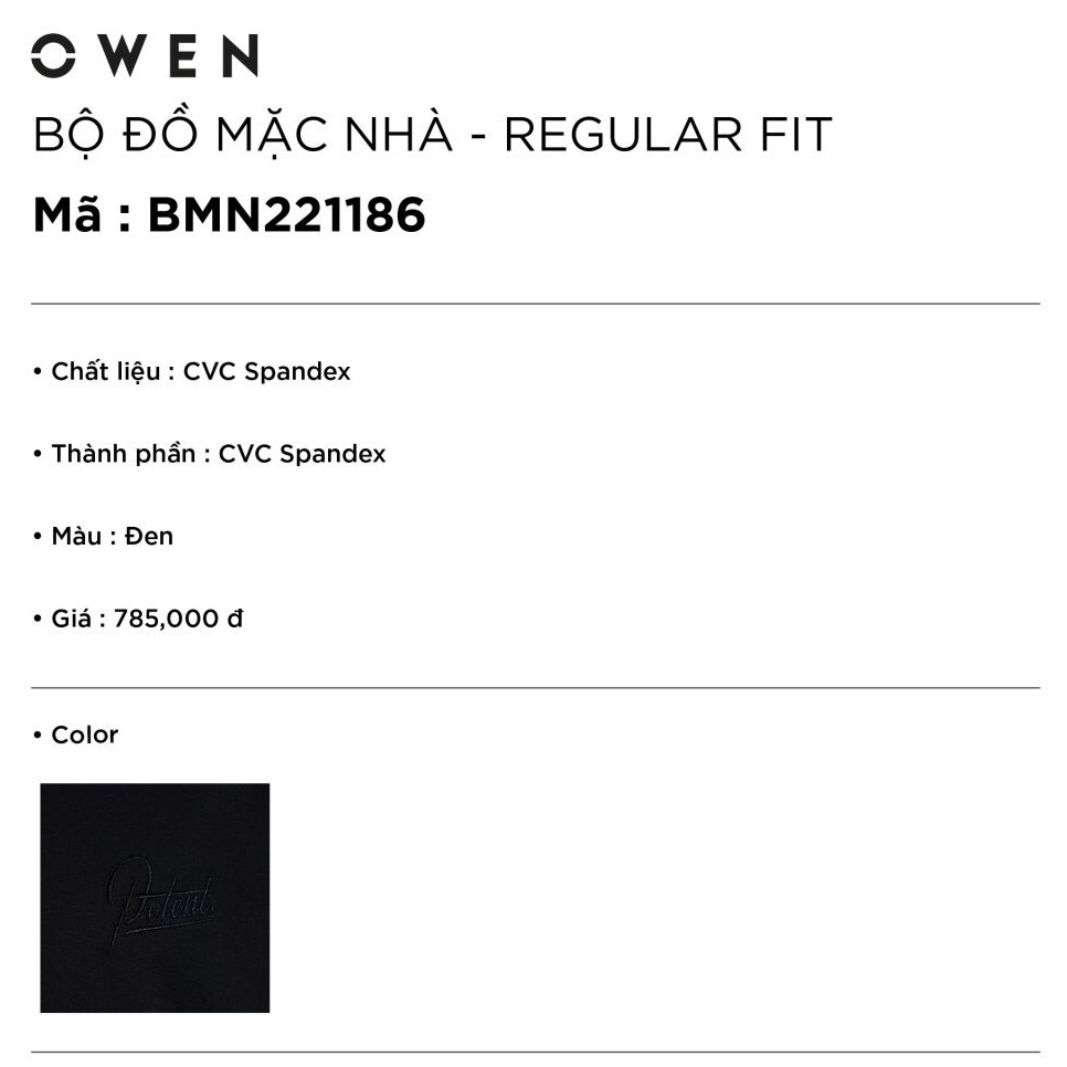Bộ Đồ Thu Đông Mặc Nhà Nam OWEN BMN221186 Vải Thun CVC Màu Đen Dáng Suông Áo Dài Tay Cổ Tròn Bo Tay Quần Cạp Chun Bo Gấu