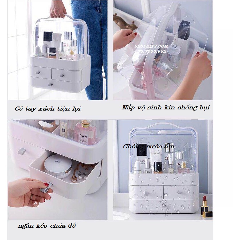 [Size Lớn 34cm] KỆ MỸ PHẨM CAO CẤP 3 TẦNG CÓ QUAI XÁCH VÀ NẮP ĐẬY CHỐNG BỤI CỰC XINH