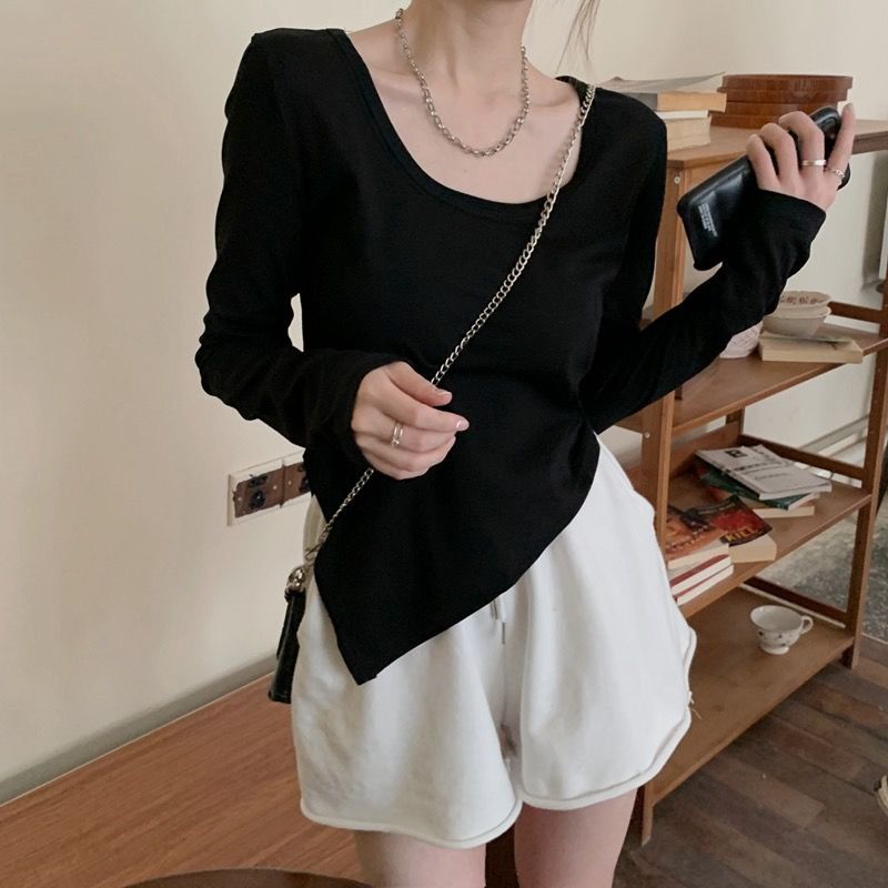 Áo Thun Dài Tay Cổ Tròn Dáng Rộng Thiết Kế Không Đồng Đều Thời Trang Theo Phong Cách Hàn Quốc Cho Nữ