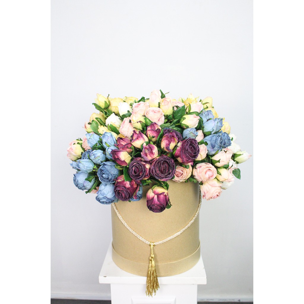 Cành hoa hồng khô 2 bông 1 nụ - XIN - Hoa vải cao cấp midori