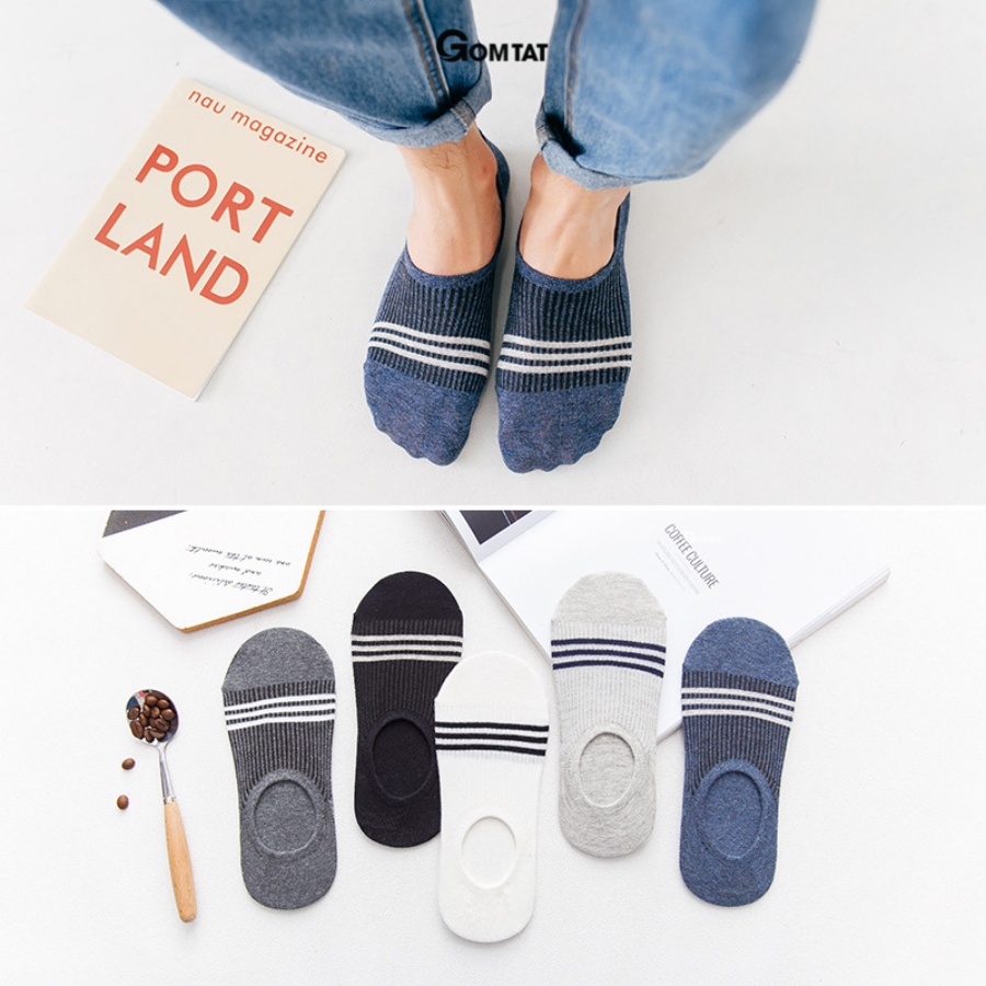 Set 5 Đôi Vớ Lười Nam GOMTAT Mẫu 3 Sọc Ngang, Chất Cotton Cao Cấp, Có Đệm Cao Su Chống Tuột Gót - FIVE-LUOI-SOCNGANG