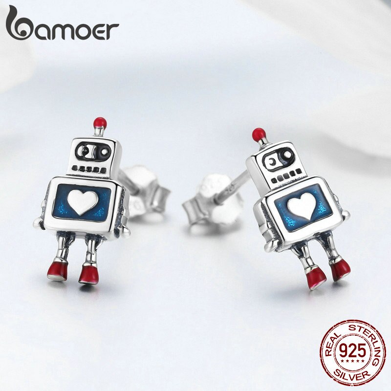 Khuyên Tai Bamoer SCE477 Bạc 925 Thật Hình Người Máy Trái Tim Mang Nét Tuổi Thơ Thời Trang Dành Cho Nữ