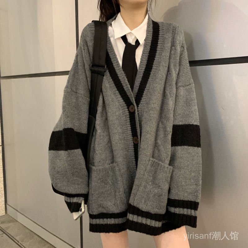 Áo Khoác Cardigan Dệt Kim Dáng Rộng Màu Xám Dễ Phối Đồ Thời Trang Thu Đông Phong Cách Hàn Quốc