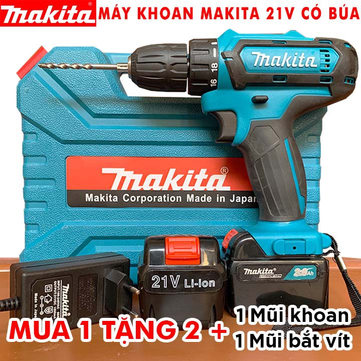 [TẶNG 1 mũi khoan] MÁY Khoan Pin MAKITA 21V (khoan, bắt vít ) - 2 Pin, 100% Đồng - Máy Bắt Vít 21V