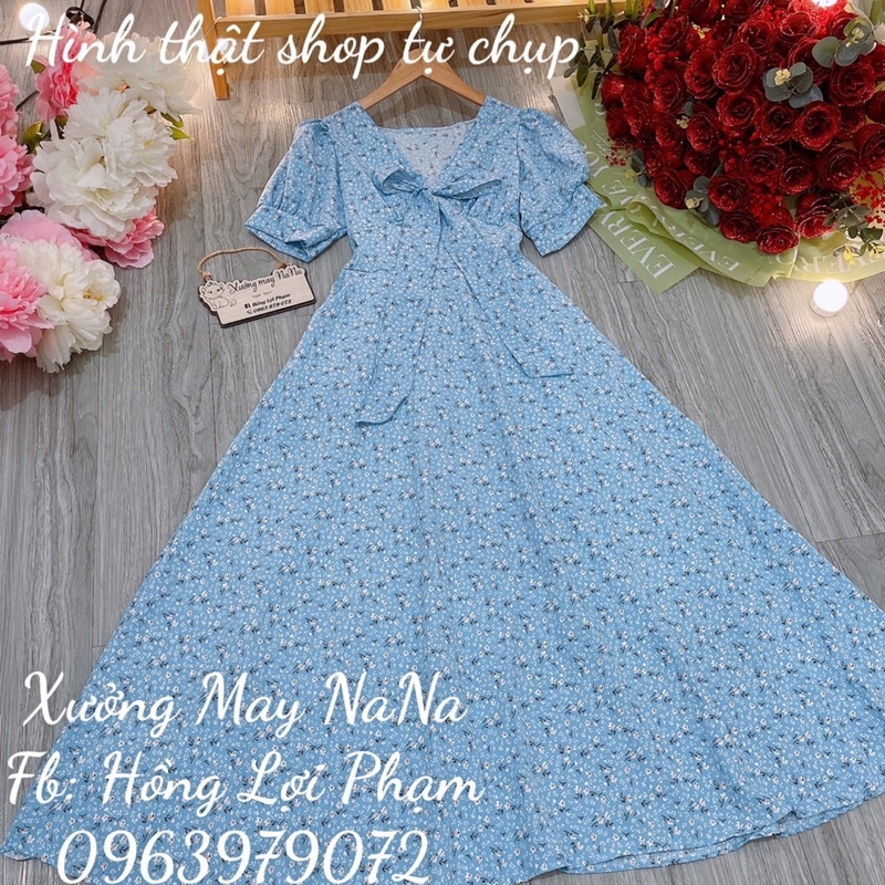 Maxi hoa nhí cột nơ tay phồng