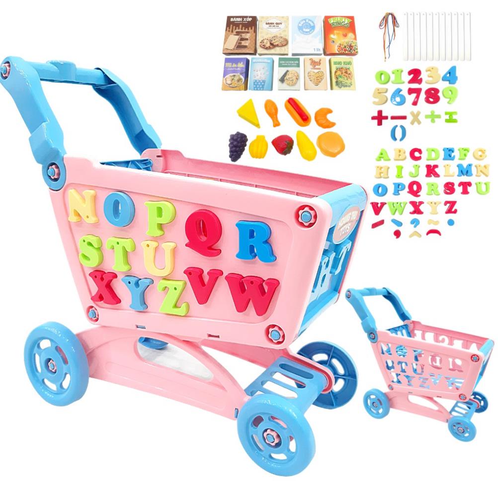 Đồ chơi xe đẩy siêu thị thông minh HT7518 cho bé tập đi chợ, luyện nhớ số và chữ