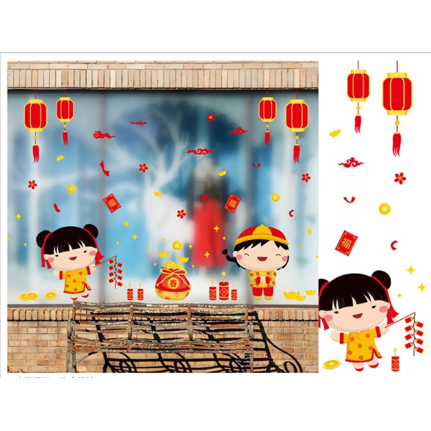 Decal trang trí tết - Trai Gái Hoạt hình mừng xuân tại lộc