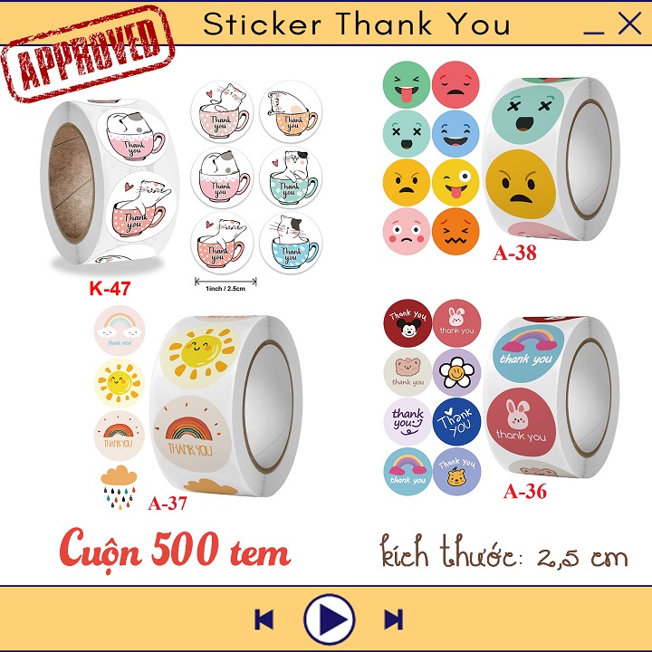 Cuộn 500 tem Sticker Thank You 🎁  🎁 Tem Cảm Ơn Dễ Thương dán gói quà trang trí