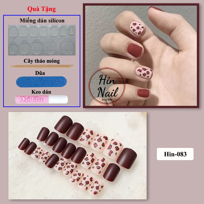 [Tặng 4 phụ kiện] Set 24 móng tay giả sơn nhám lì da báo 3D Hin Nail