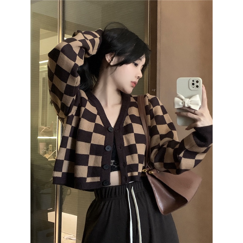 Áo Cardigan Dệt Kim Tay Dài Dáng Rộng Cổ Chữ V Phối Màu Tương Phản Thời Trang Mùa Thu