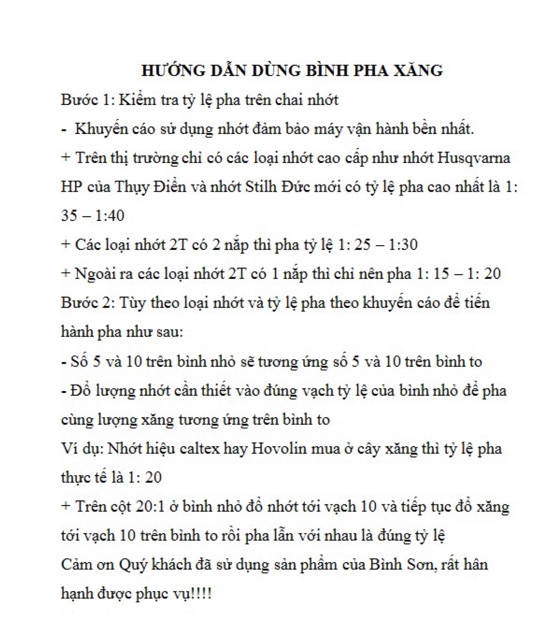 Can pha xăng nhớt có tỷ lệ