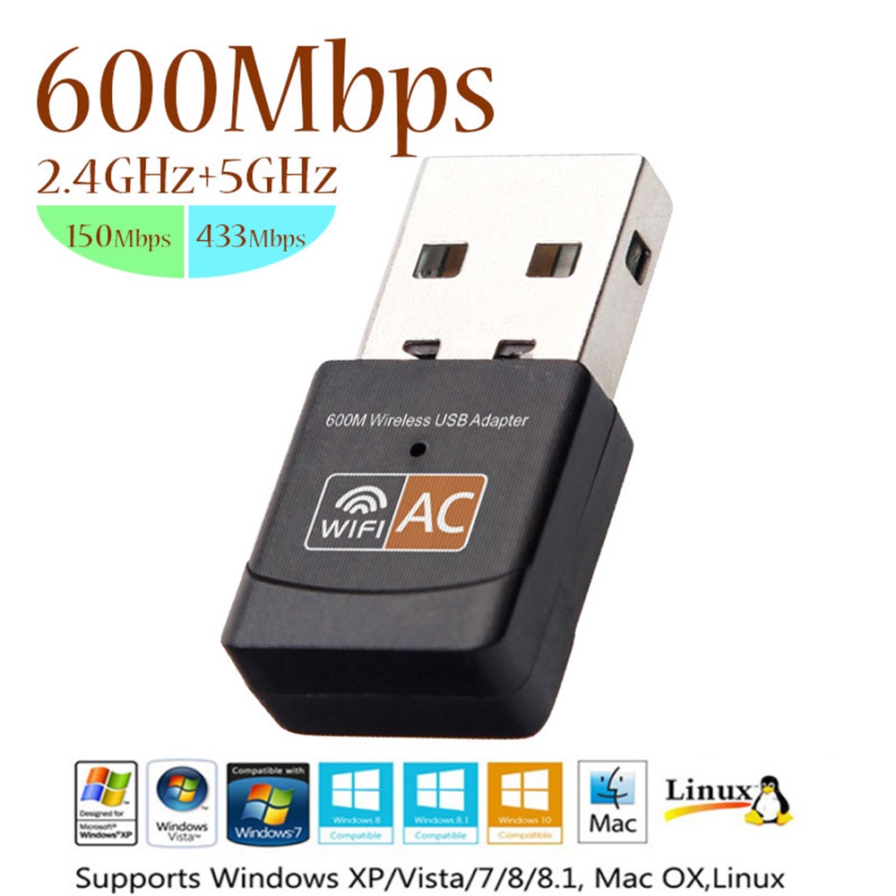 Usb WiFi Băng Tần Kép 2.4GHz e 5GHz 600 Mbps Ac 5G Cho Máy Tính