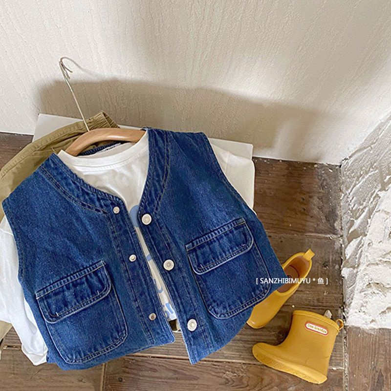 Áo Khoác Denim Không Tay Phong Cách Thời Trang Nhật Hàn Mới 2022 Dành Cho Bé Trai Gái