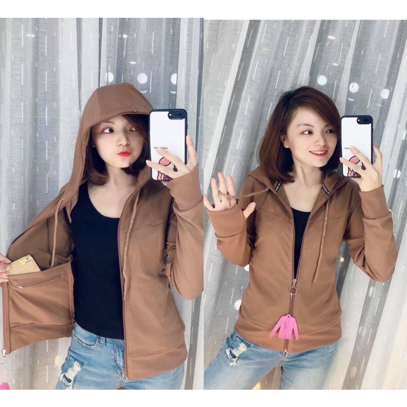 Áo Khoác Nữ 2 Thun Cotton, Nón To, Rộng Vành, 6 Túi