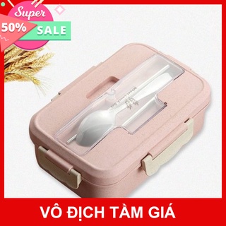 Hộp cơm lúa mạch 1 tầng 3 ngăn kèm đũa thìa inox