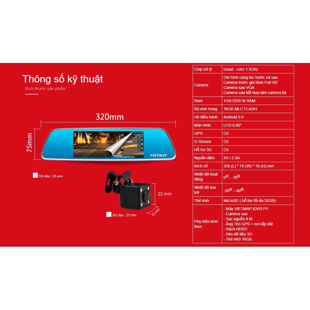 CAMERA HÀNH TRÌNH GƯƠNG VIETMAP IDVR P1 DẠNG GƯƠNG CHIẾU HẬU TÍCH HỢP DẪN ĐƯỜNG KÈM THẺ NHỚ - Chính hãng