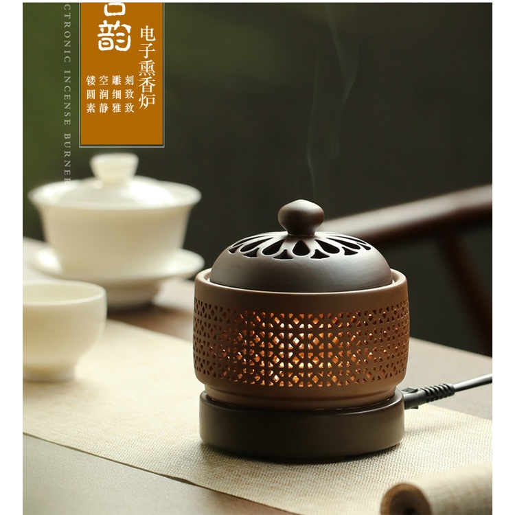 Lư điện xông đa năng bột gỗ, trầm, miếng, dăm trầm gỗ đa năng có hẹn giờ có đèn lò xông gốm tử sa cao cấp