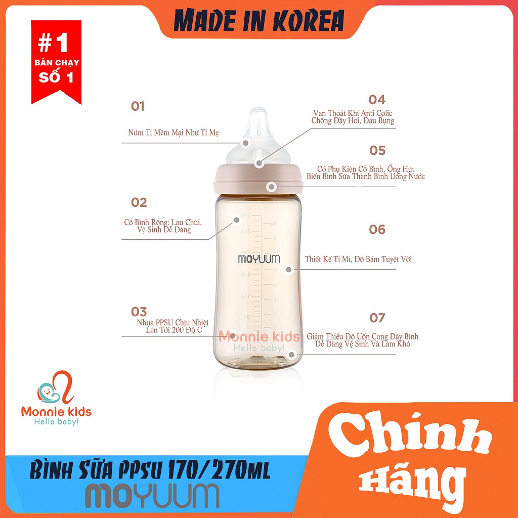 Bình sữa cho bé Moyuum PPSU 170ml - 270ml, Bình sữa chịu nhiệt cao cấp - Monnie Kids