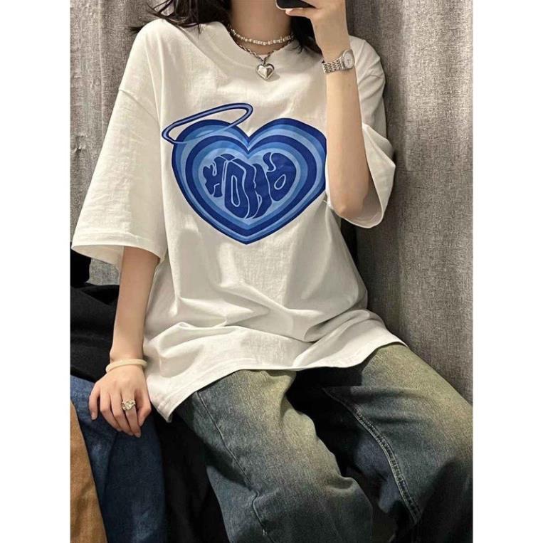 Áo trái tim xanh tay lỡ basic FREESIZE from thụng - PHOng cách Hàn Quốc trẻ trung nam nữ