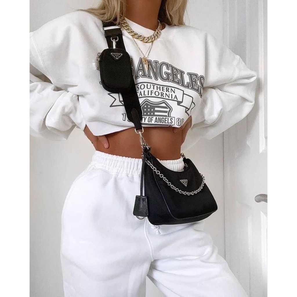 Túi xách đeo chéo nữ Pra đa chất da xước, xích trắng size 24, hàng đầy đủ hộp túi